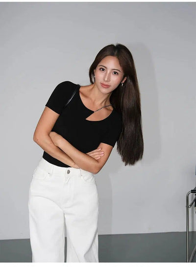 Neva Casual Plain Asymmetric T-Shirt-korean-fashion-T-Shirt-Neva's Closet-OH Garments