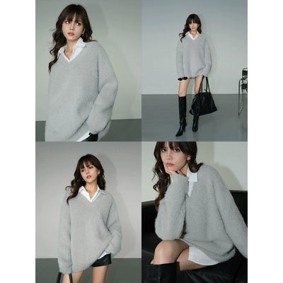 Neva Cozy Furry V-Neck Sweater-korean-fashion-Sweater-Neva's Closet-OH Garments