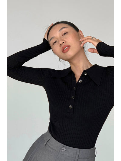 Neva Elastic Half-Buttons Slim Knit Polo-korean-fashion-Polo-Neva's Closet-OH Garments
