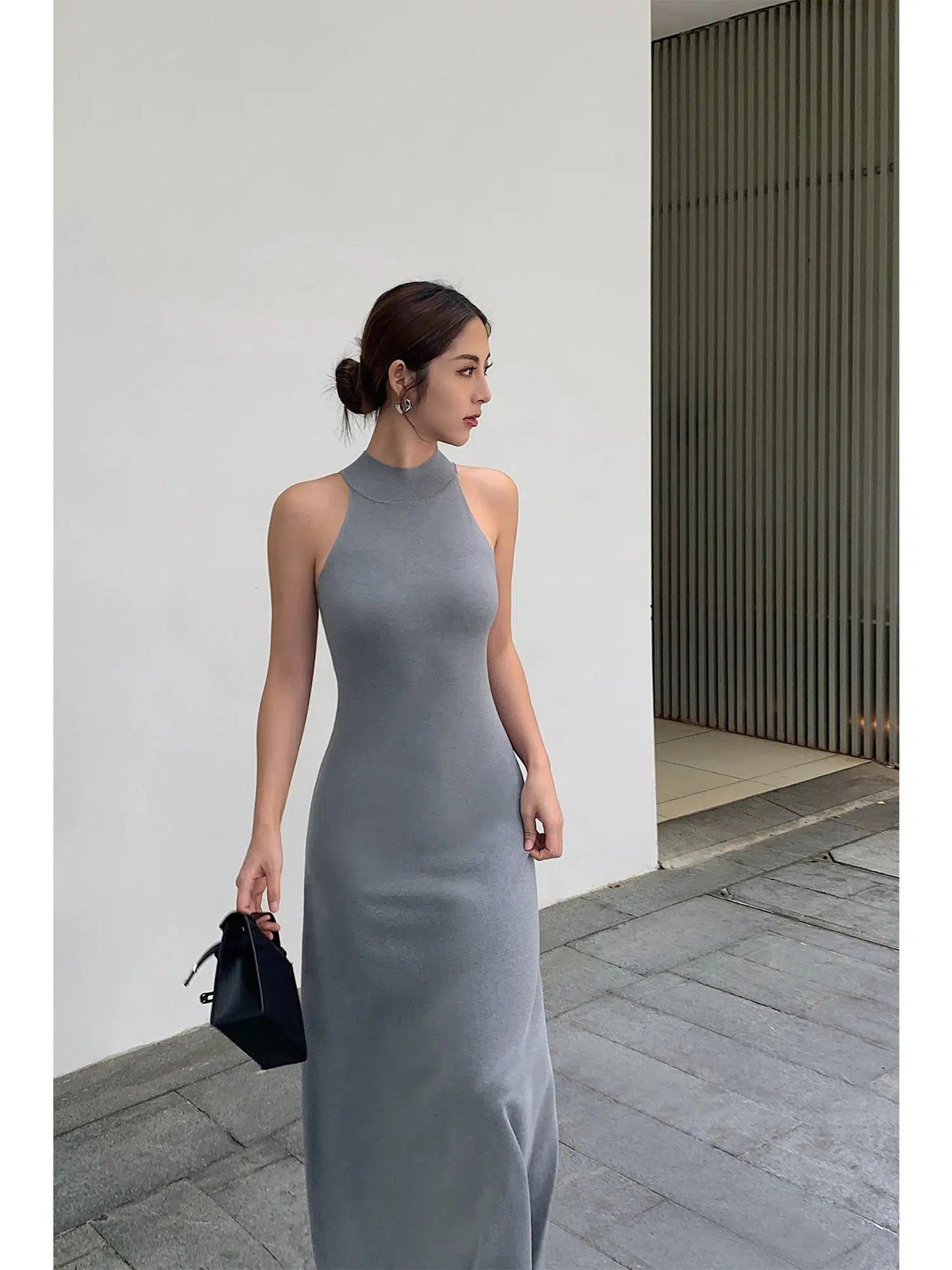 Neva Solid Halter Knitted Long Dress-korean-fashion-Dress-Neva's Closet-OH Garments