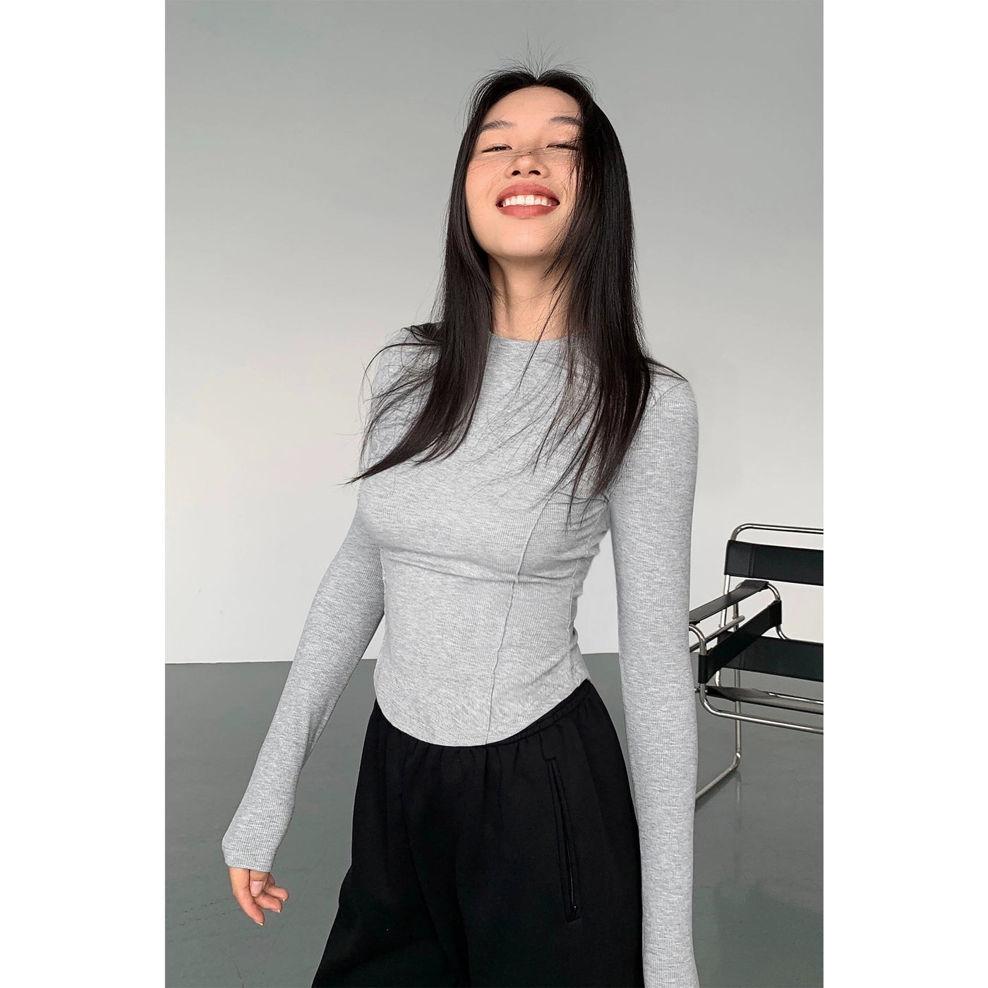 Neva Solid Seam Detail Slim Long Sleeve T-Shirt-korean-fashion-T-Shirt-Neva's Closet-OH Garments