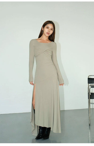 Neva Solid Side Slit Knitted Long Dress-korean-fashion-Dress-Neva's Closet-OH Garments