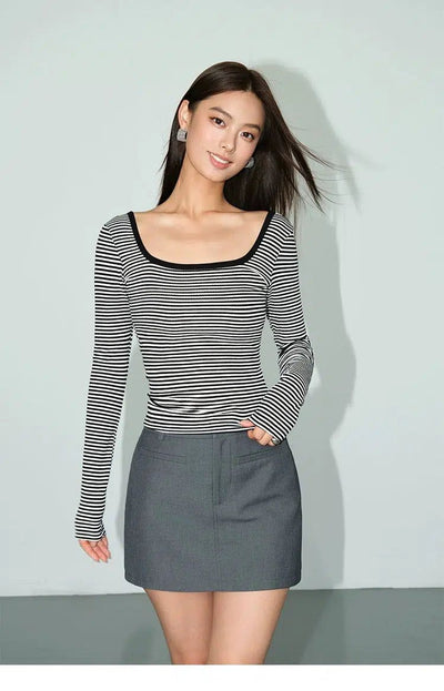 Neva Square Neck Striped Long Sleeve T-Shirt-korean-fashion-T-Shirt-Neva's Closet-OH Garments