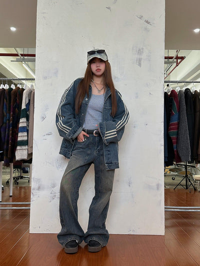 Nine 3-Stripe Casual Denim Jacket-korean-fashion-Jacket-Nine's Closet-OH Garments