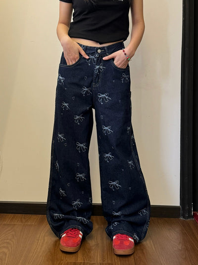 Nine Bow Full-Print Jeans-korean-fashion-Jeans-Nine's Closet-OH Garments