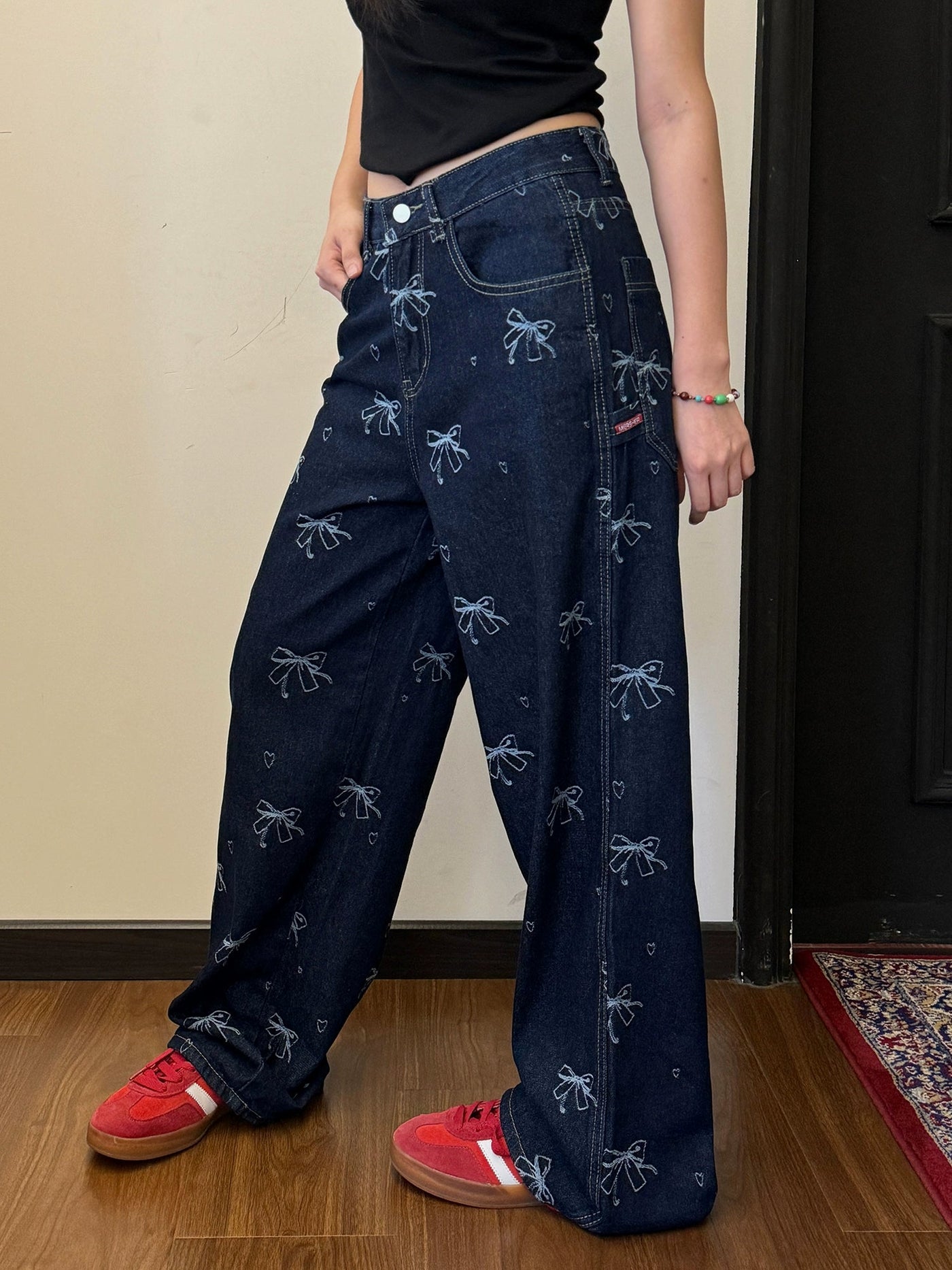 Nine Bow Full-Print Jeans-korean-fashion-Jeans-Nine's Closet-OH Garments