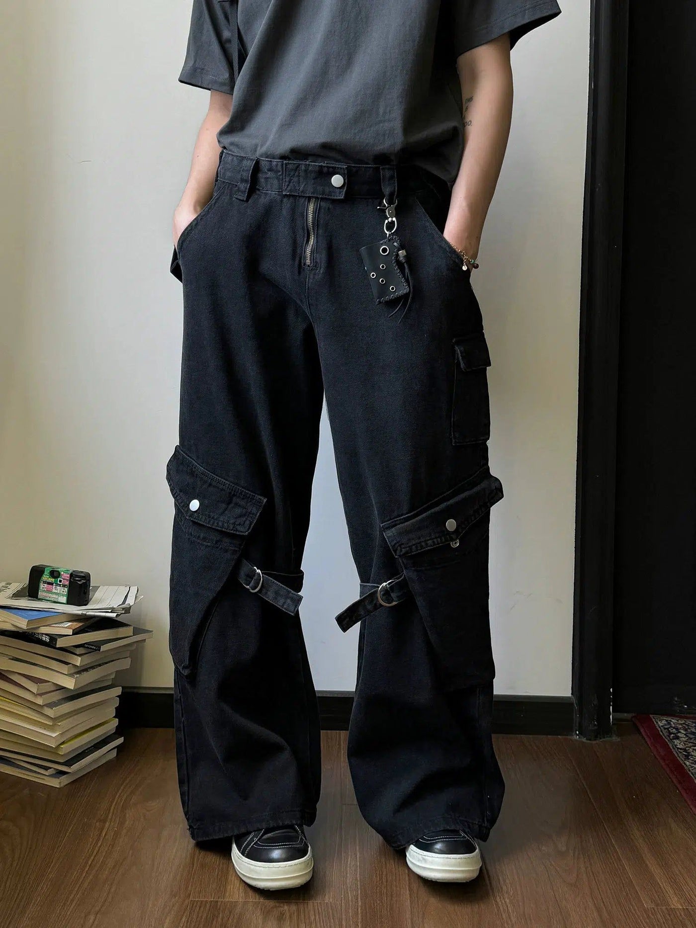 Nine Buckled Strap Cargo Jeans-korean-fashion-Jeans-Nine's Closet-OH Garments