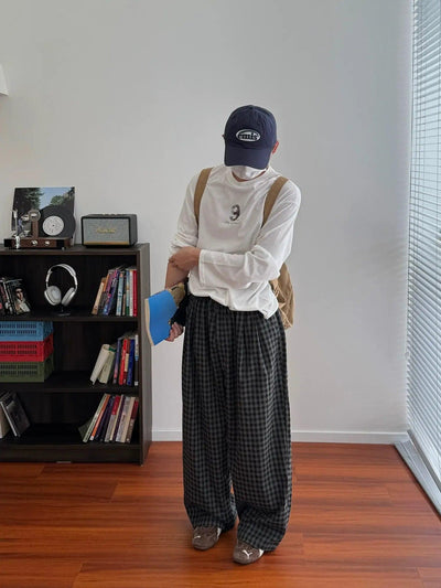 Nine B&W Check Wide Leg Pants-korean-fashion-Pants-Nine's Closet-OH Garments