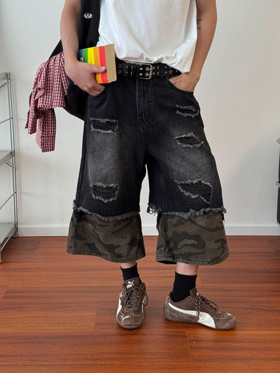 Nine Camouflage Layered Distressed Denim Shorts-korean-fashion-Shorts-Nine's Closet-OH Garments