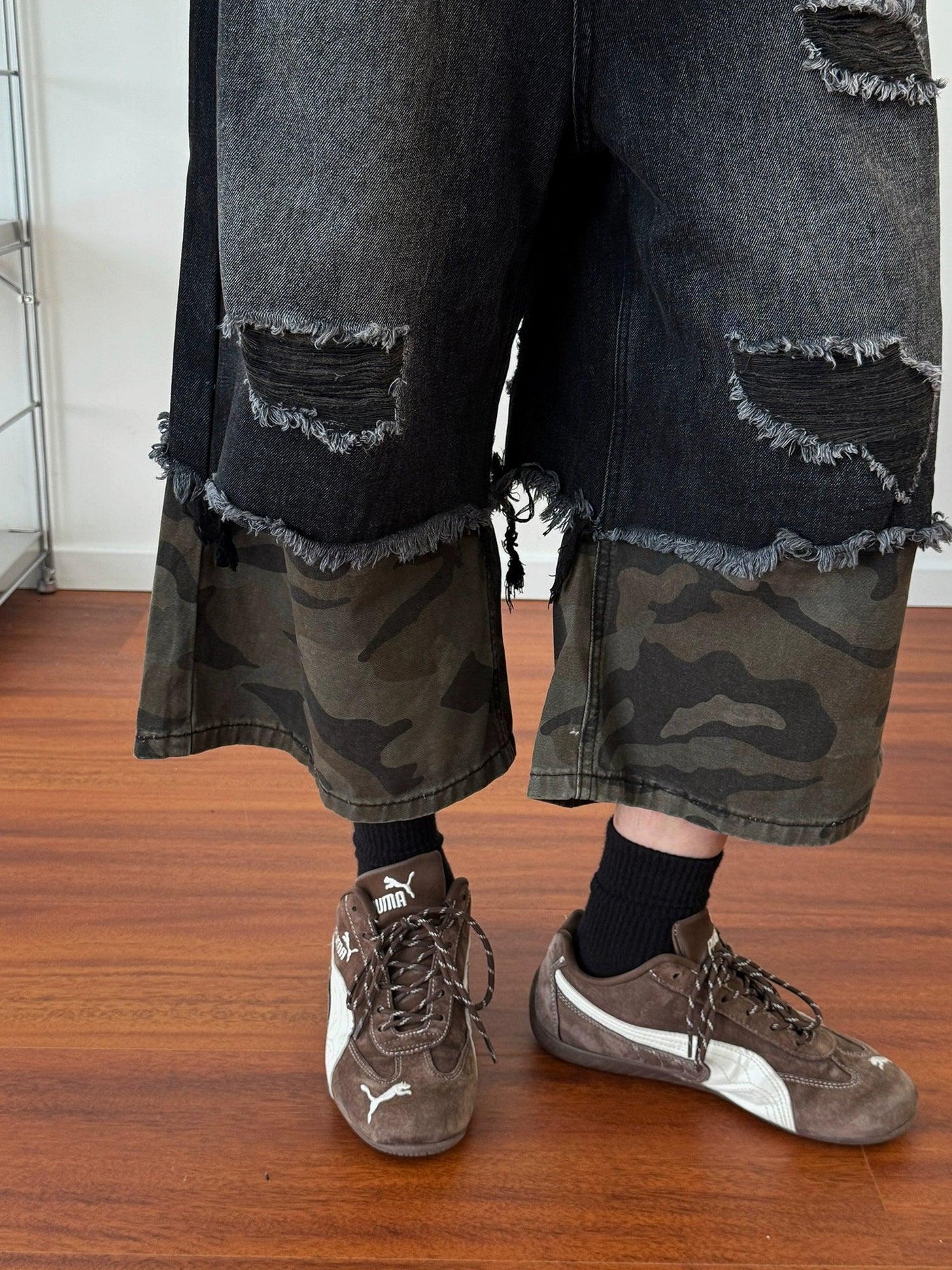 Nine Camouflage Layered Distressed Denim Shorts-korean-fashion-Shorts-Nine's Closet-OH Garments