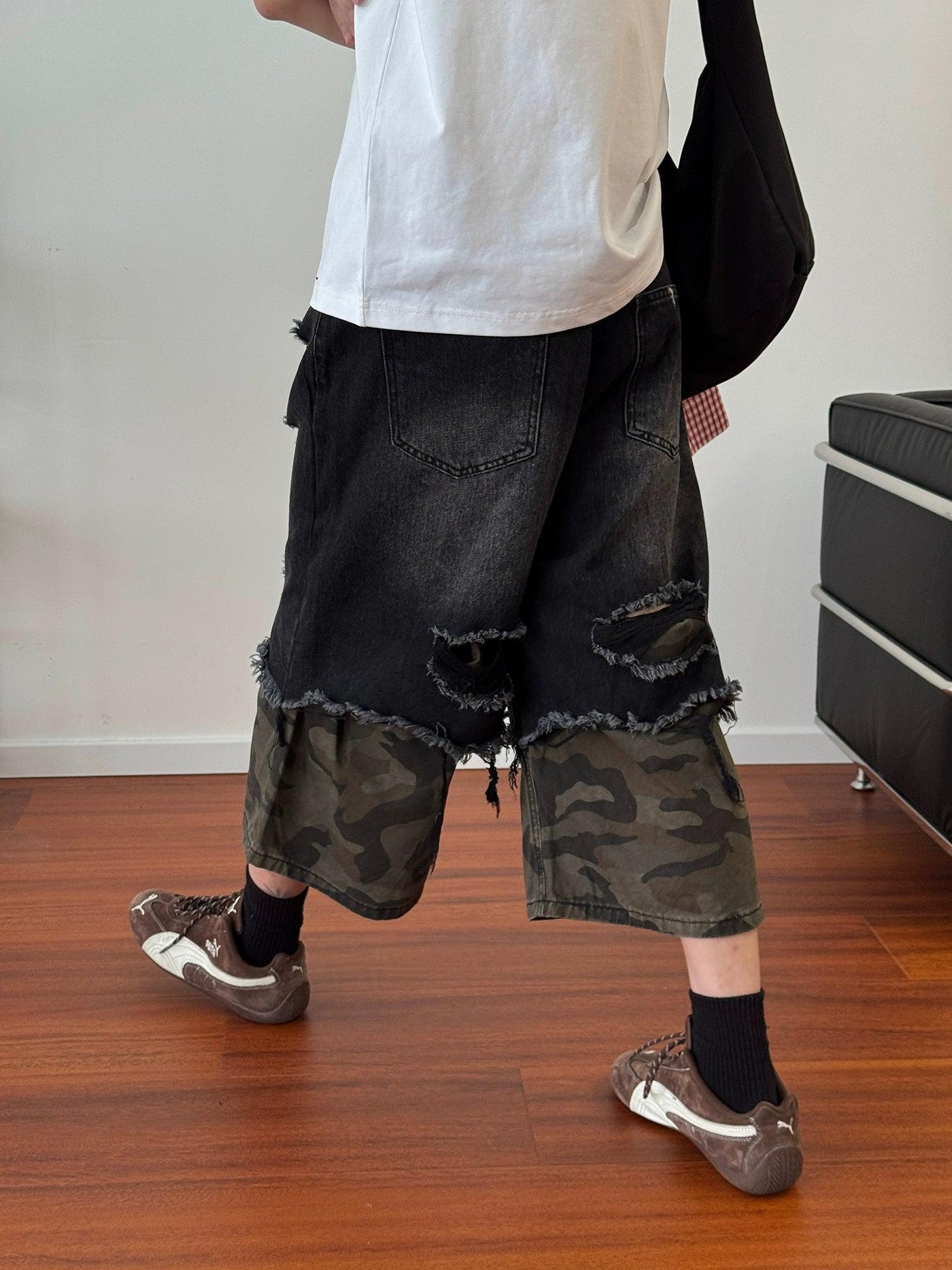 Nine Camouflage Layered Distressed Denim Shorts-korean-fashion-Shorts-Nine's Closet-OH Garments