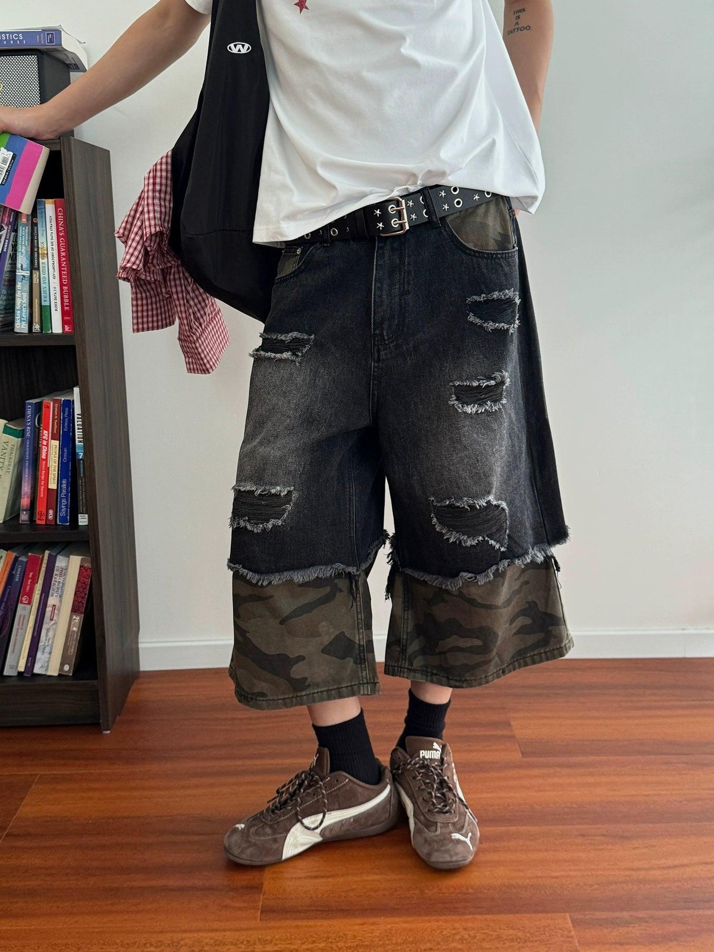 Nine Camouflage Layered Distressed Denim Shorts-korean-fashion-Shorts-Nine's Closet-OH Garments