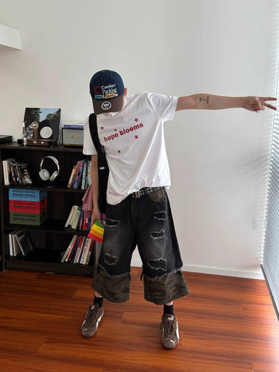 Nine Camouflage Layered Distressed Denim Shorts-korean-fashion-Shorts-Nine's Closet-OH Garments