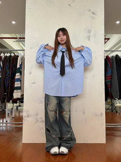 Nine Classic Mershier Stitch Neck Tie Shirt-korean-fashion-Shirt-Nine's Closet-OH Garments