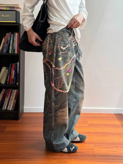 Nine Colorful Chain Print Jeans-korean-fashion-Jeans-Nine's Closet-OH Garments