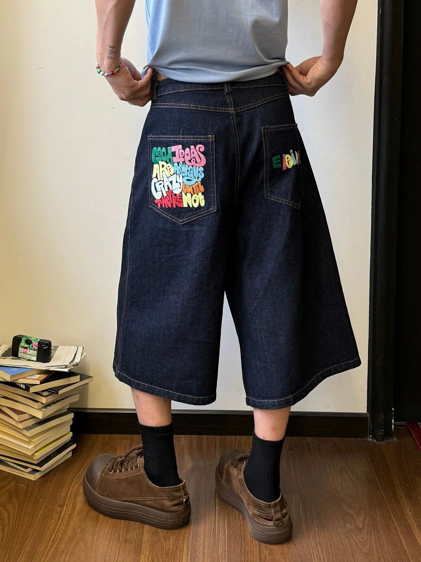 Nine Colorful Letter Print Denim Shorts-korean-fashion-Shorts-Nine's Closet-OH Garments