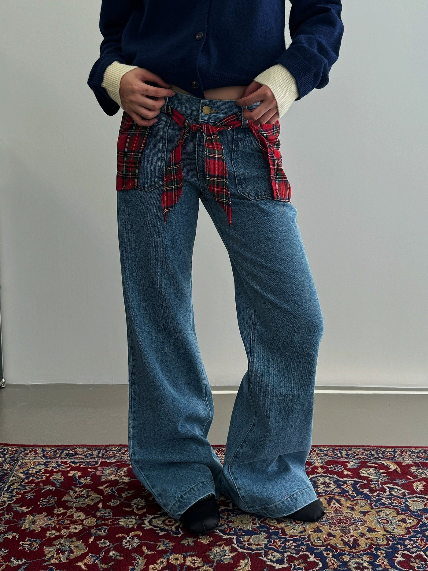 Nine Detachable Plaid Straight Jeans-korean-fashion-Jeans-Nine's Closet-OH Garments