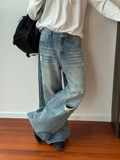 Nine Distressed Whiskers Fade Wide Leg Jeans-korean-fashion-Jeans-Nine's Closet-OH Garments