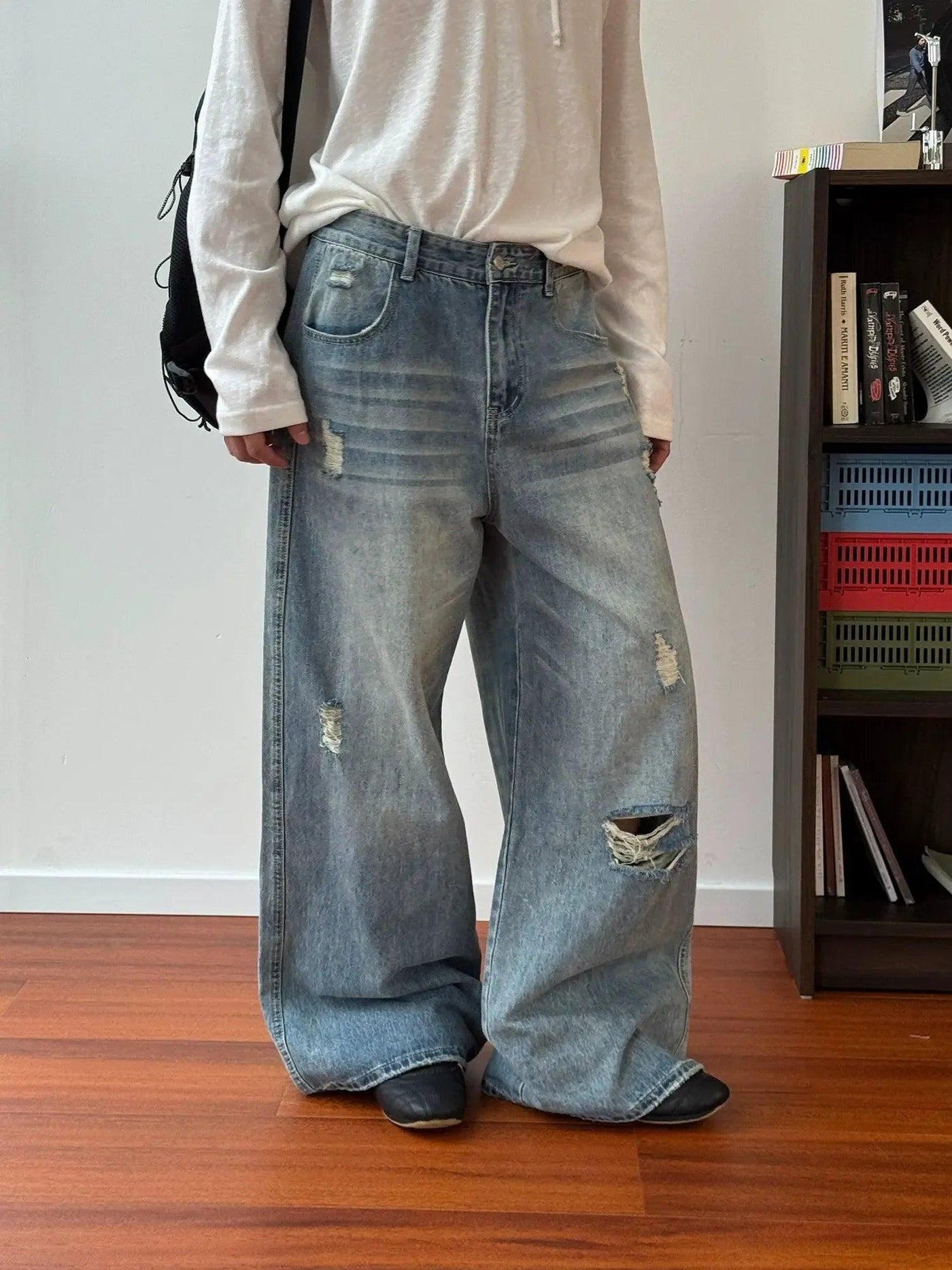 Nine Distressed Whiskers Fade Wide Leg Jeans-korean-fashion-Jeans-Nine's Closet-OH Garments