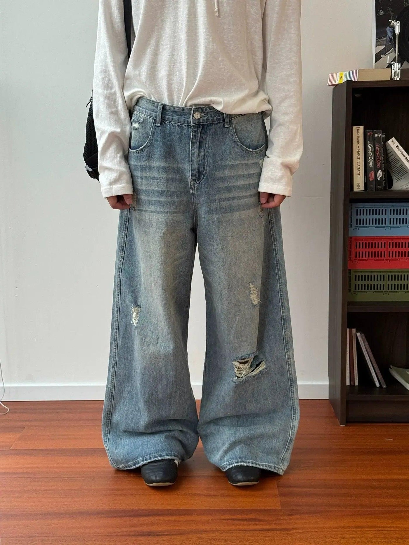 Nine Distressed Whiskers Fade Wide Leg Jeans-korean-fashion-Jeans-Nine's Closet-OH Garments