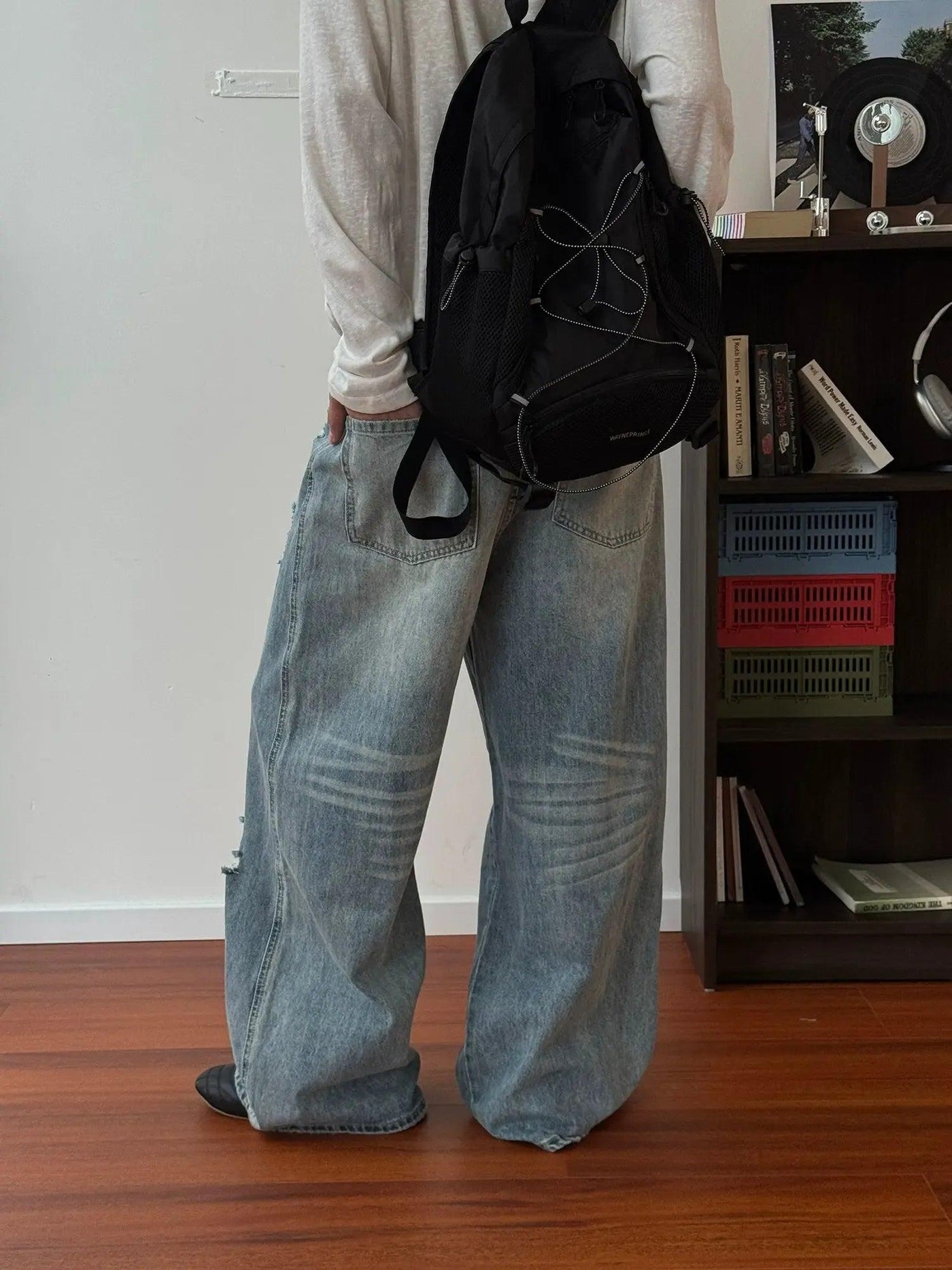 Nine Distressed Whiskers Fade Wide Leg Jeans-korean-fashion-Jeans-Nine's Closet-OH Garments