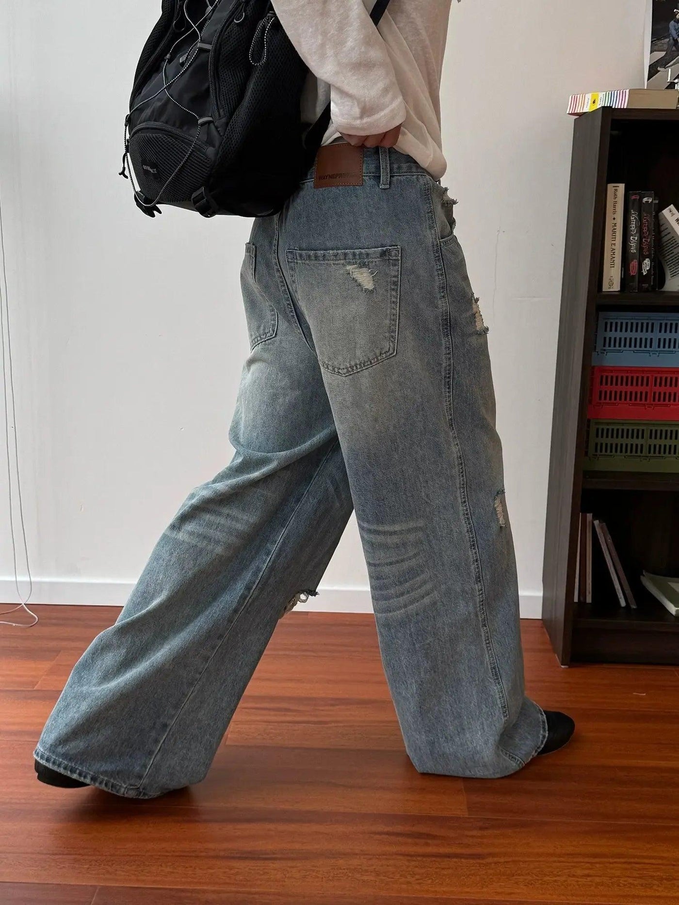 Nine Distressed Whiskers Fade Wide Leg Jeans-korean-fashion-Jeans-Nine's Closet-OH Garments