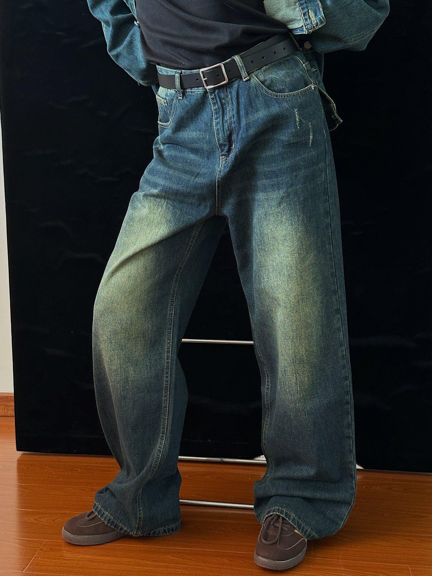 Nine Fade Detail Denim Jacket & Wide Leg Jeans Set-korean-fashion-Clothing Set-Nine's Closet-OH Garments