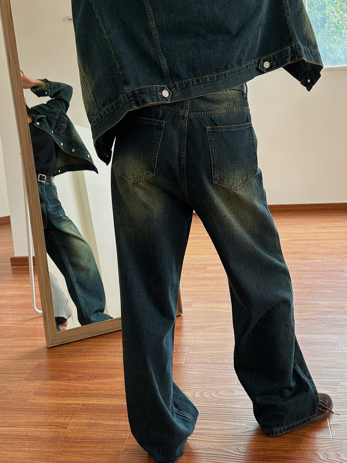 Nine Fade Detail Denim Jacket & Wide Leg Jeans Set-korean-fashion-Clothing Set-Nine's Closet-OH Garments
