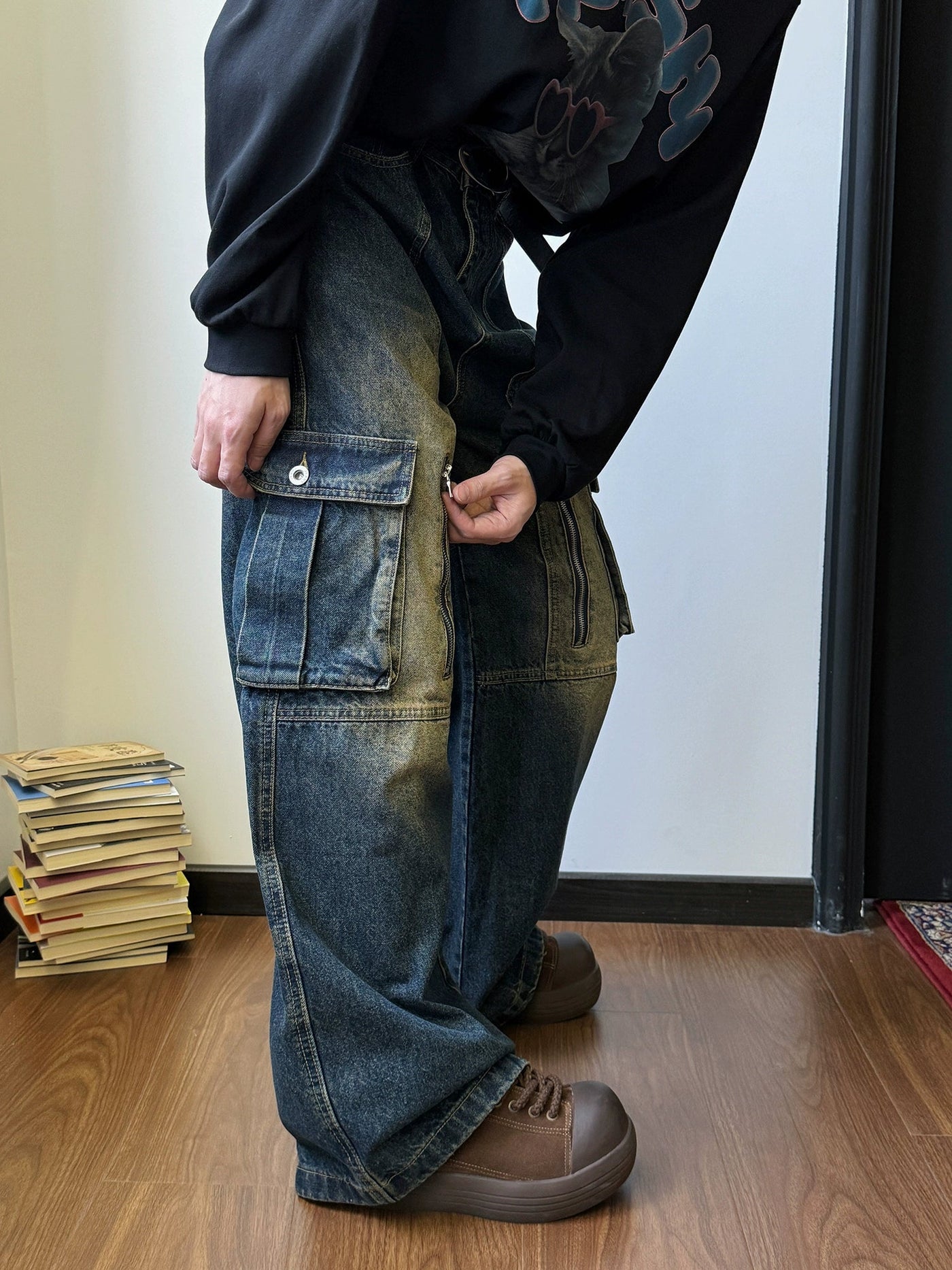 Nine Fade Emphasis Cargo Jeans-korean-fashion-Jeans-Nine's Closet-OH Garments
