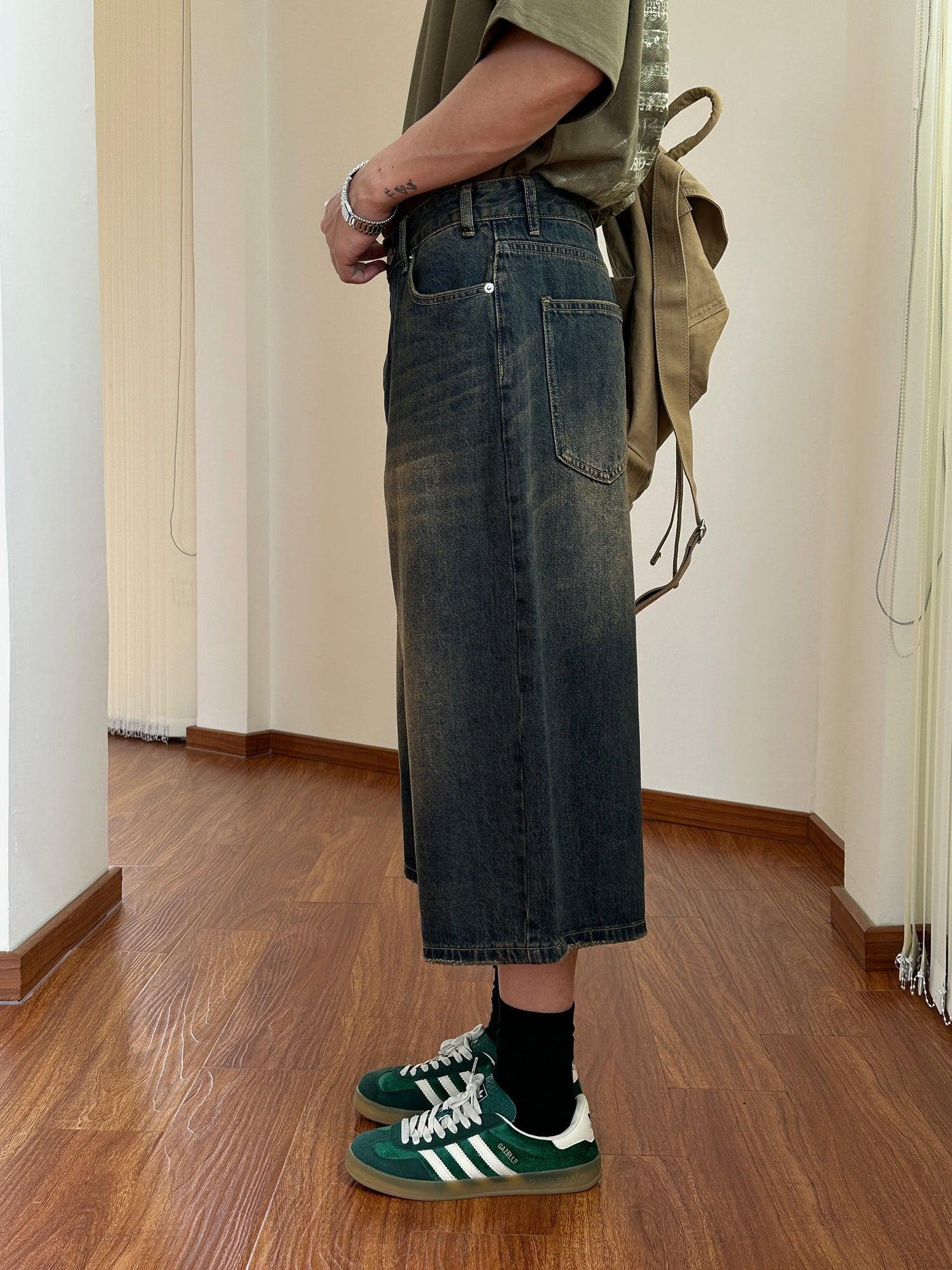 Nine Faded Detail Long Denim Shorts-korean-fashion-Shorts-Nine's Closet-OH Garments