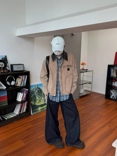 Nine Faux Leather Collar Denim Jacket-korean-fashion-Jacket-Nine's Closet-OH Garments