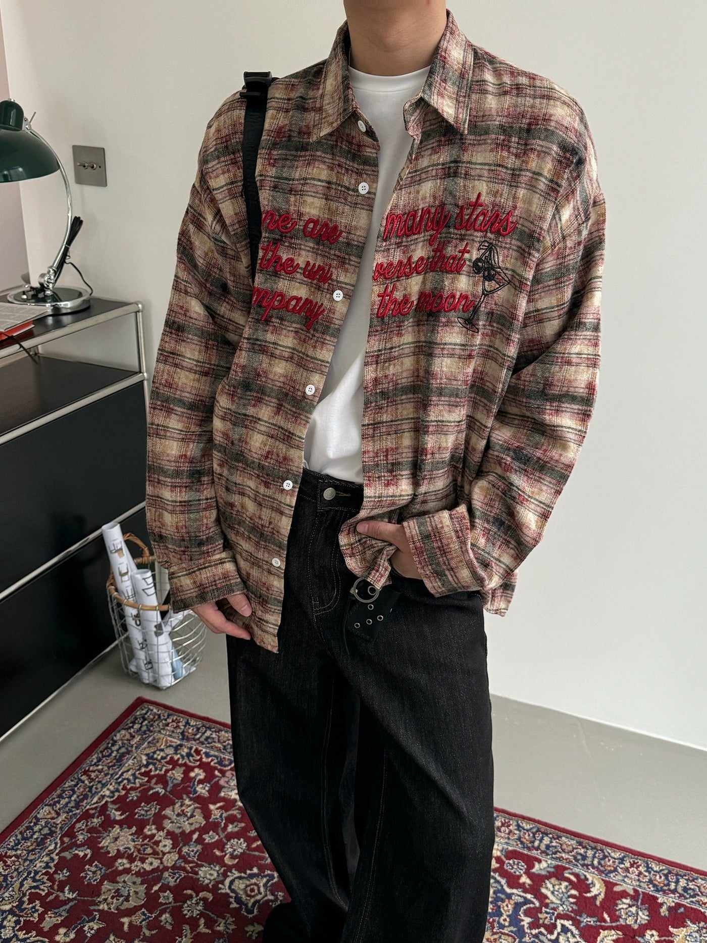 Nine Letter Embroidery Plaid Shirt-korean-fashion-Shirt-Nine's Closet-OH Garments