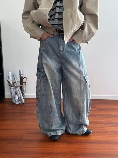 Nine Lightning Wash Wide Cargo Jeans-korean-fashion-Jeans-Nine's Closet-OH Garments