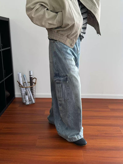 Nine Lightning Wash Wide Cargo Jeans-korean-fashion-Jeans-Nine's Closet-OH Garments