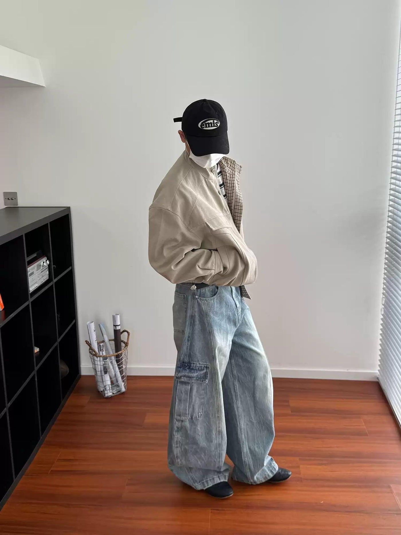 Nine Lightning Wash Wide Cargo Jeans-korean-fashion-Jeans-Nine's Closet-OH Garments