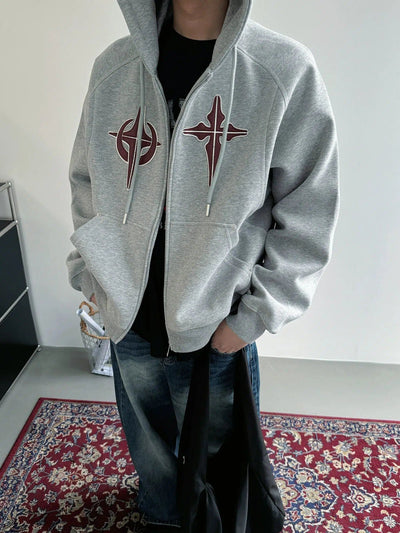 Nine Logo Graphic Drawstring Zip-Up Hoodie-korean-fashion-Hoodie-Nine's Closet-OH Garments