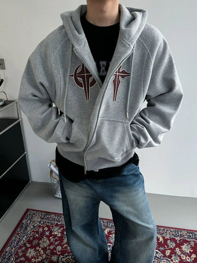 Nine Logo Graphic Drawstring Zip-Up Hoodie-korean-fashion-Hoodie-Nine's Closet-OH Garments