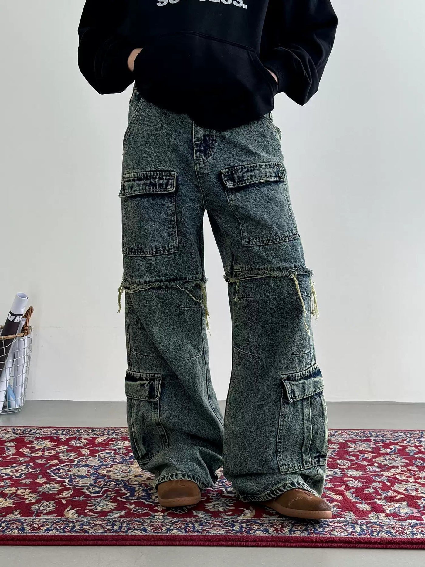 Nine Multi-Pocket Raw Edge Cargo Jeans-korean-fashion-Jeans-Nine's Closet-OH Garments