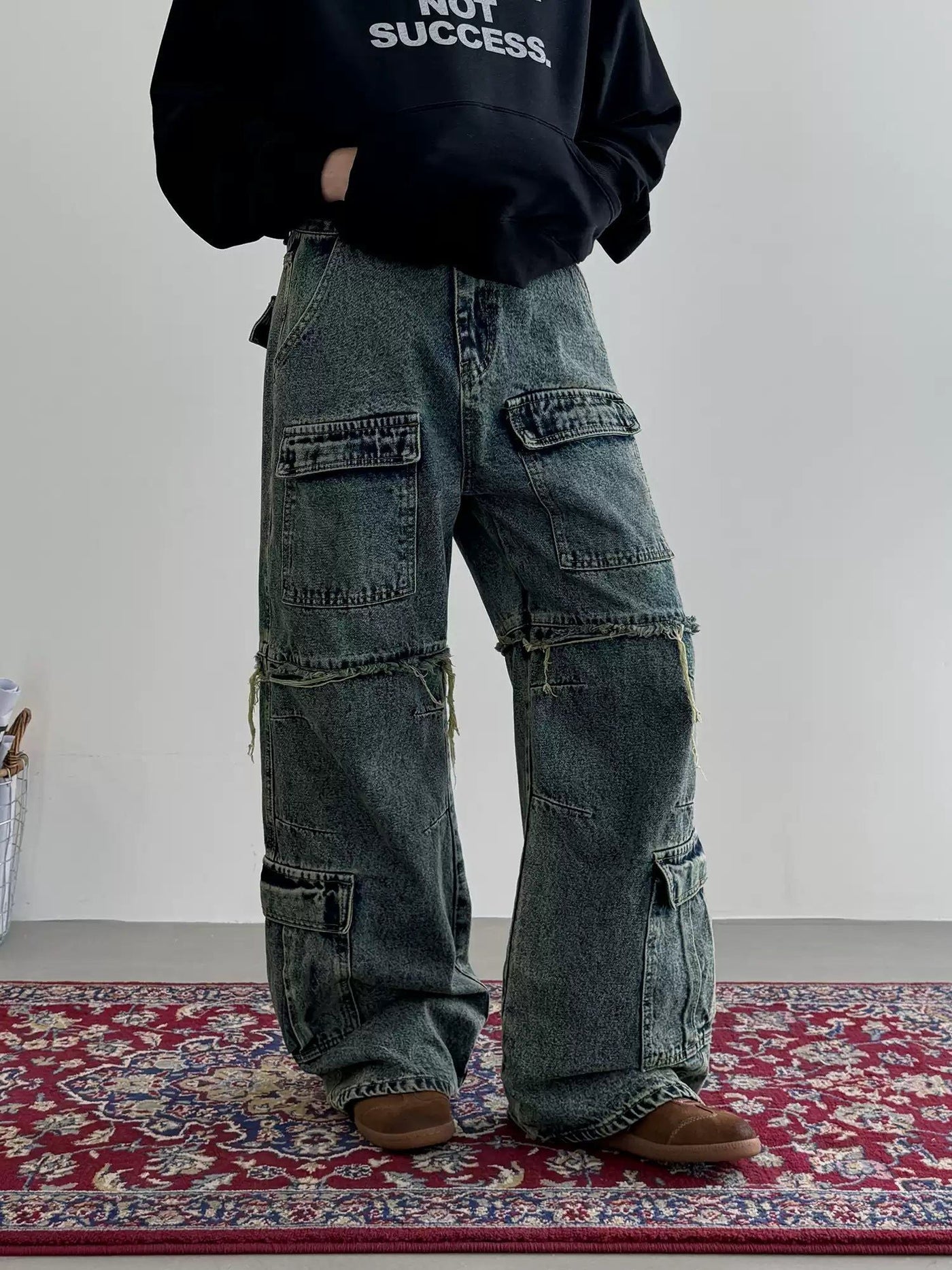 Nine Multi-Pocket Raw Edge Cargo Jeans-korean-fashion-Jeans-Nine's Closet-OH Garments