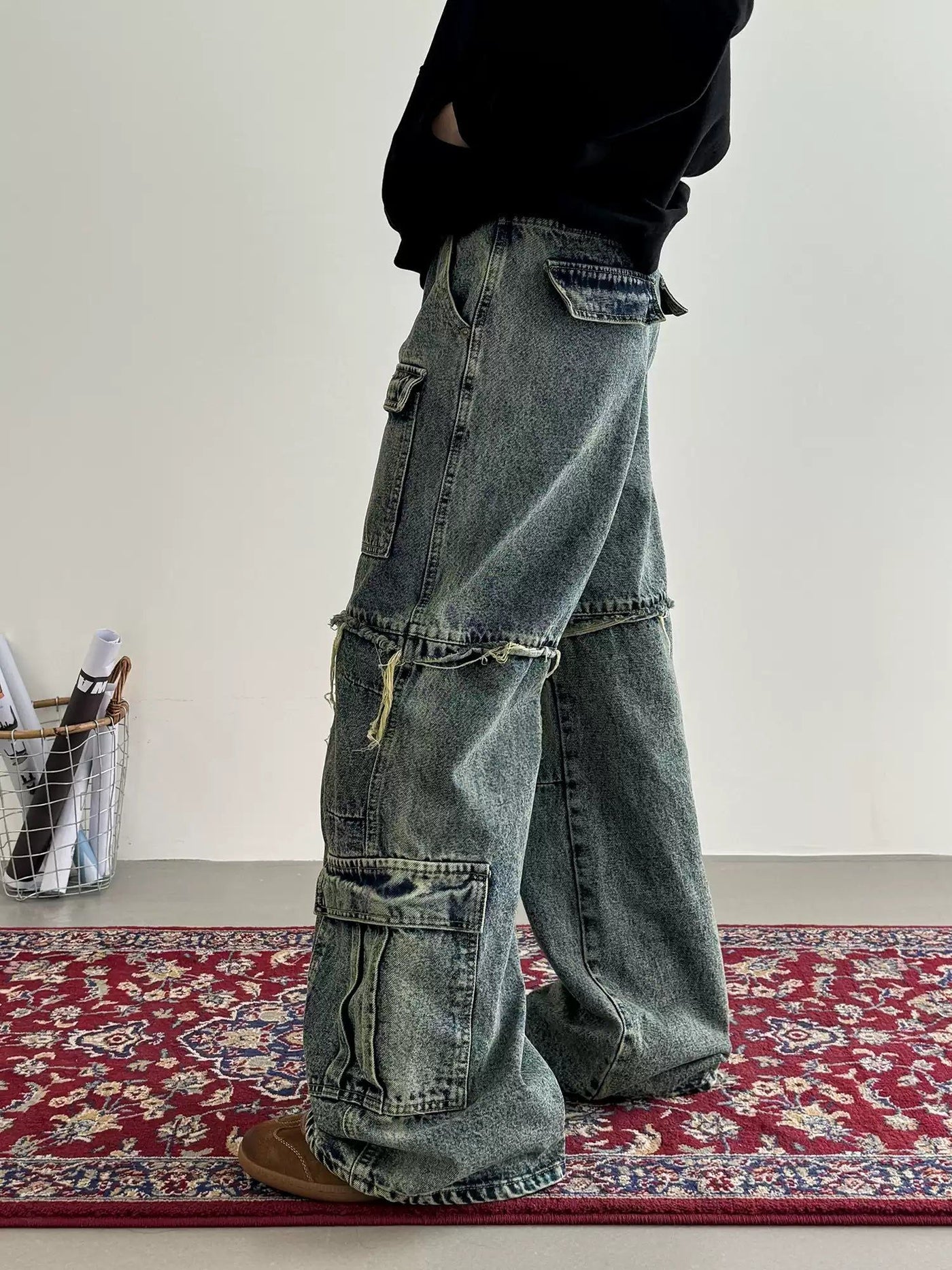 Nine Multi-Pocket Raw Edge Cargo Jeans-korean-fashion-Jeans-Nine's Closet-OH Garments