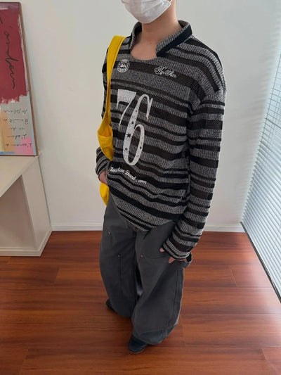 Nine Number 76 Print Striped Sweater-korean-fashion-Sweater-Nine's Closet-OH Garments