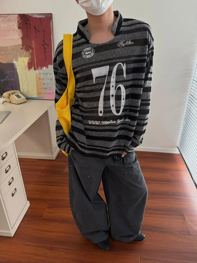 Nine Number 76 Print Striped Sweater-korean-fashion-Sweater-Nine's Closet-OH Garments