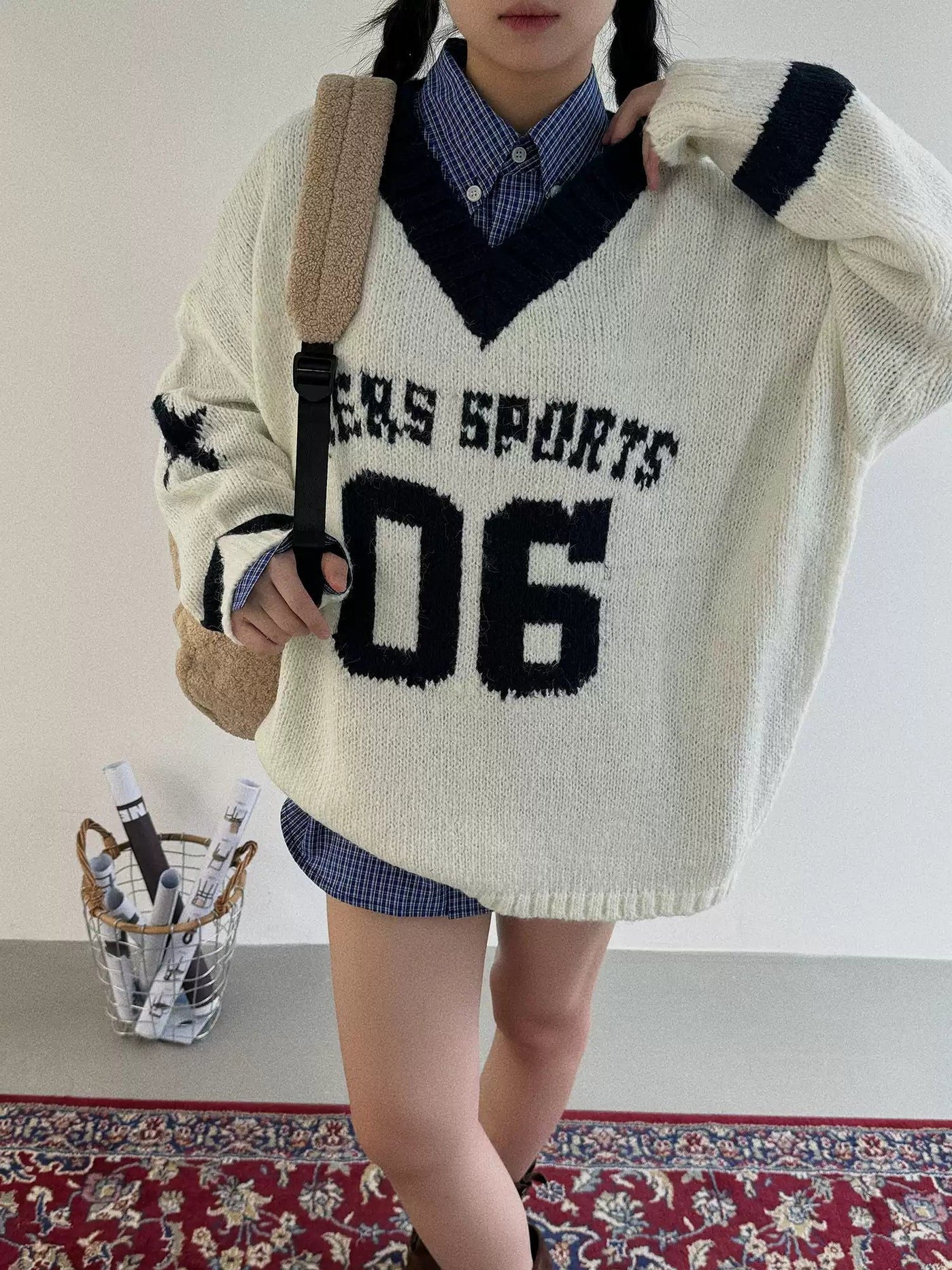 Nine Oversized Sports V-Neck Sweater-korean-fashion-Sweater-Nine's Closet-OH Garments