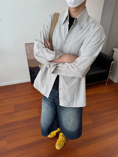 Nine Oversized Striped Lapel Shirt-korean-fashion-Shirt-Nine's Closet-OH Garments