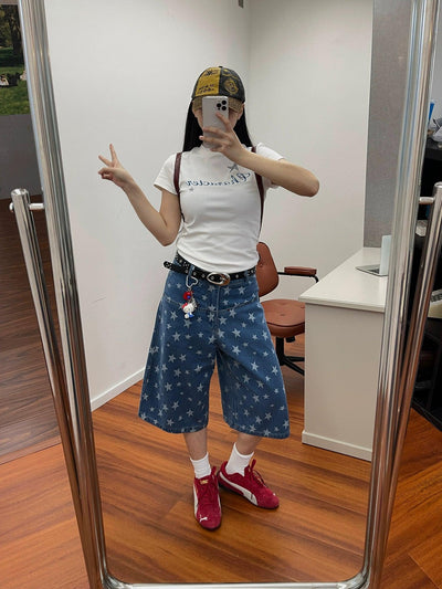 Nine Patched Star Printed Denim Shorts-korean-fashion-Shorts-Nine's Closet-OH Garments