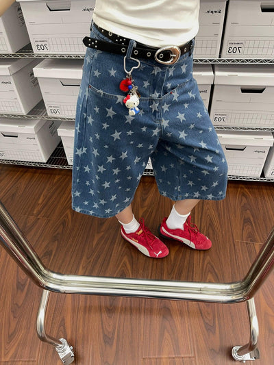 Nine Patched Star Printed Denim Shorts-korean-fashion-Shorts-Nine's Closet-OH Garments