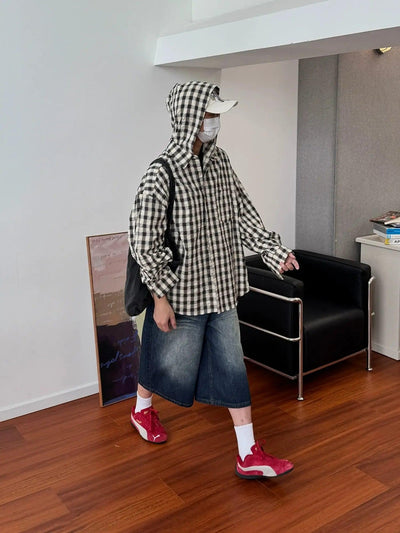 Nine Plaid Button-Down Hooded Shirt-korean-fashion-Shirt-Nine's Closet-OH Garments