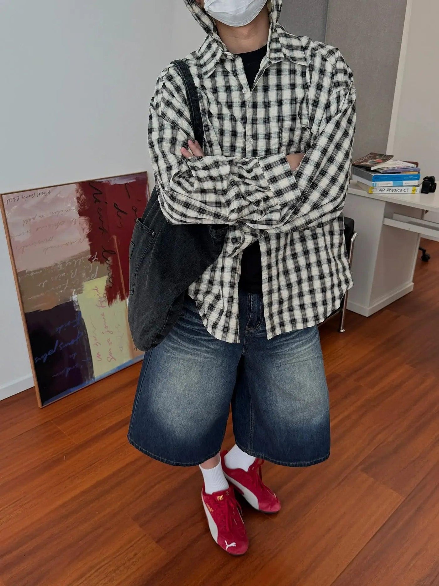 Nine Plaid Button-Down Hooded Shirt-korean-fashion-Shirt-Nine's Closet-OH Garments