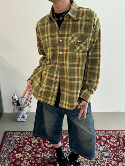 Nine Plaid Lettered Flannel Shirt-korean-fashion-Shirt-Nine's Closet-OH Garments