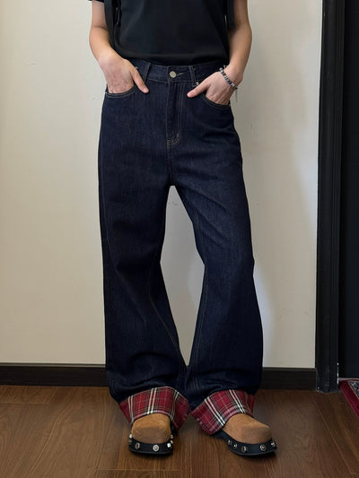 Nine Plaid Splices Buttoned Jeans-korean-fashion-Jeans-Nine's Closet-OH Garments